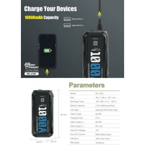 1000A 12V Portable Car Power Bank Jump Starter with LED Light and USB-A Charging