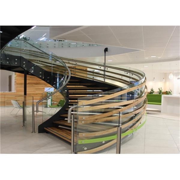 Laminated Glass Tread Building Curved Staircase With Stainless Steel Post Railing