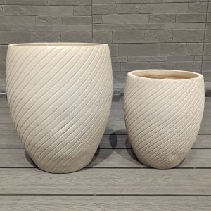 Cylindrical Shape Neutral Beige Fiber Clay Planter Evenly Spaced Ridges Pattern