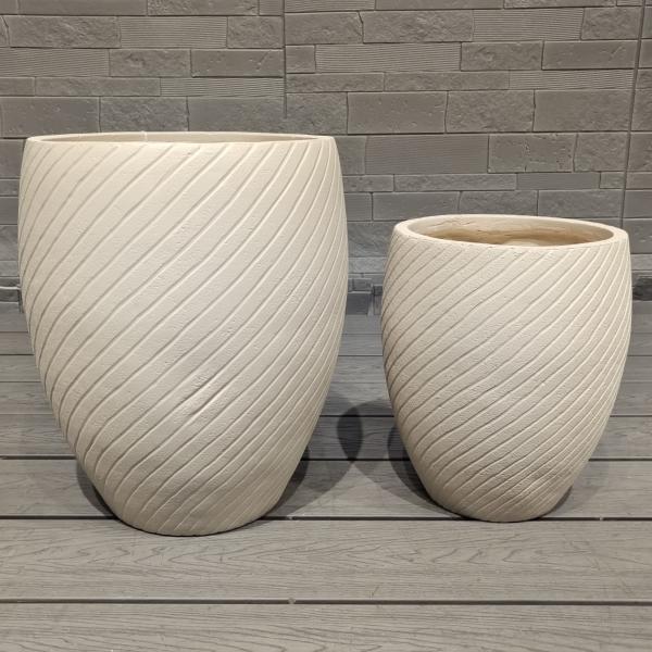 Cylindrical Shape Neutral Beige Fiber Clay Planter Evenly Spaced Ridges Pattern