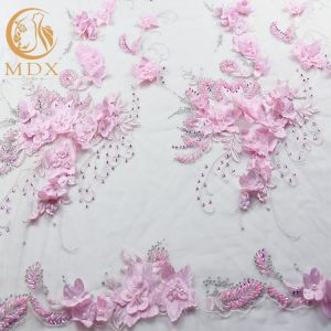 China 53 Inch Floral Embroidered Lace 20% Polyester Handmade Pink Flower Lace on sale