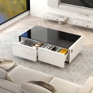 Metal Frame Glass Coffee Table with Multifunction Mini Fridge Freezer and USB