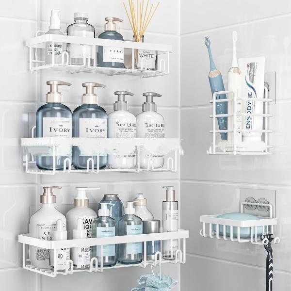 Wall-mounted storage rack for bathroom and toilet, suitable for holding toiletries and washroom supplies.