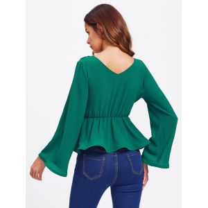 Bell Sleeve Wrap Blouse with Deep V Neck