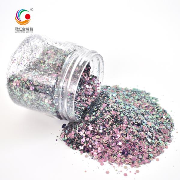 Party Makeup Compatible PET Charming Solvent Resistant Chameleon Glitter Powder Mixes with Mix Sizes and Hexagon