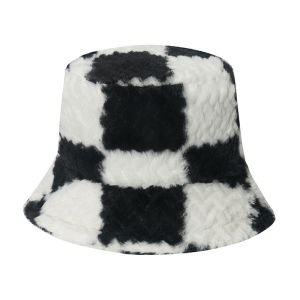 Trendy Multi-Color Warm Plush Checkerboard Bucket Hat For Female
