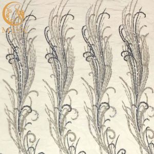Heavy Handmade Embroidery Grey Beaded Lace Fabric On Polyester Mesh