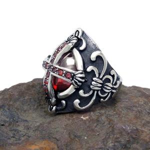 Men's Vintage Old Silver Plated Titanium Stainless Steel Ring Red Cubic Zircon