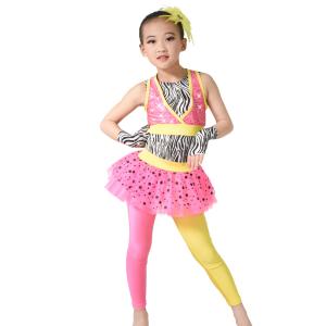 MiDee Jazz Dance Costumes Zebra Leotard Sequin Vest Multi Color Lycra Skirt