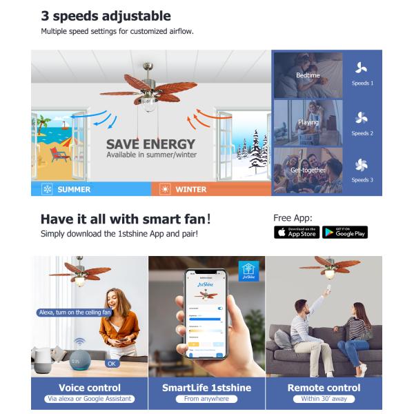 42 Inch Luxury Ceiling Fan Light with AC 220V/50Hz and Traditional Design by 1stshine