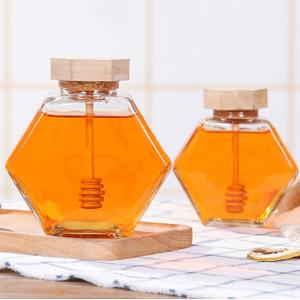 Wooden Lid 12 Oz 13.4oz Hexagon Glass Honey Jar Transparent