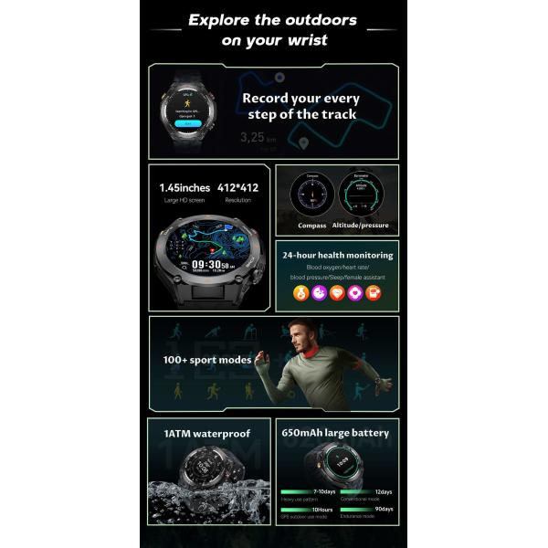 KC82 Sport Smart Watch 1.45 inch Screen Compass GPS Tracker 650mAh Battery For Men