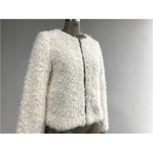 Short Milk Ladies Faux Fur Coats With Collarless and Metal Zip Through