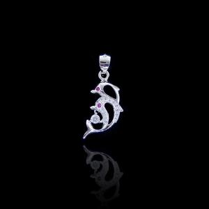 Plating Rhodium Two Silver Dolphin Pendant 925 Silver Cubic Zirconia