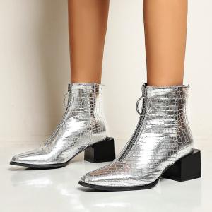 Zip Up Imitation Alligator Ladies Flat Boots Womens Block Heel Ankle Boots