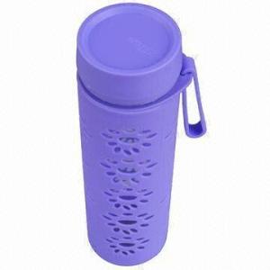 Cheap Colorful Single-wall Glass Water Bottle with Silicone Coating, Various Designs are Available for sale