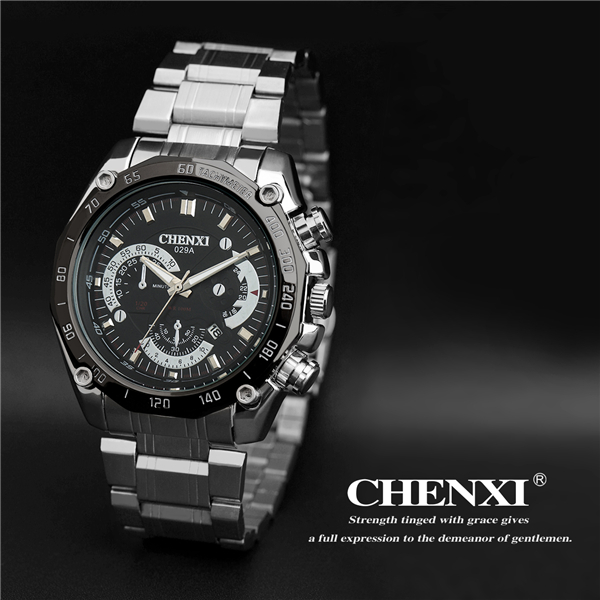 C029A5H Black Mens Military Watch Stainless Steel Band Day Date Business Man Quartz Watch
