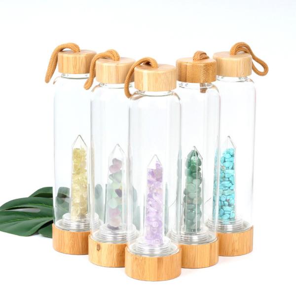 Round Glass Water Bottle With Natural Crystal Gemstone Center Elixir Crystal