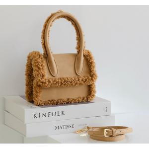 China 18cm Womens Leather Bag Lamb Wool Plush Brown Suede Handbag on sale