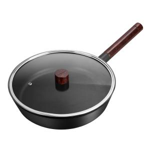 6.3cm Deep Stir Frying Pan Scratch Resistant Wok 1.6kg With Wooden Handle