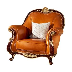 Wooden Frame Leather Recliner Royal Sofa Set With Simple Carving