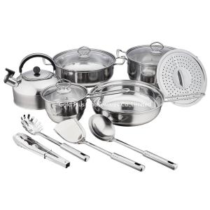 China 14pcs Gourmet kitchen carefully selected whistling kettle milk boiler and steamer stainless steel hot pot and frying pan on sale