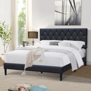 Twin Size Upholstered Bed Frame Black Leather Adjustable Headboard Tufted