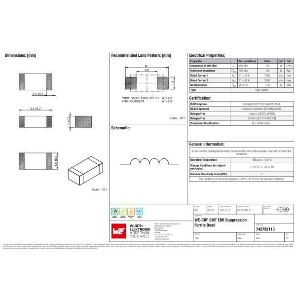 742792113 120 Ohms @ 100 MHz 1 Signal Line Ferrite Bead 1206 3A 30mOhm