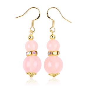 China Healing Energy Pink Rose Quartz Crystal Short Dangle Round Shape Bead Hook Earring For Daily Wear on sale