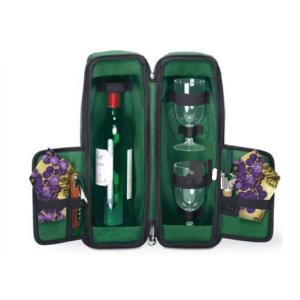 Customized wine picnic bag with strap for one wine bottle and two glass bag