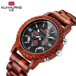 Man Red Sandal Wooden Quartz Watch Black Dial 6 Pointers 1014-3