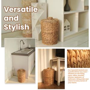 Wicker Waste Basket - Water Hyacinth Bathroom Garbage Can With A Lid - Bathroom