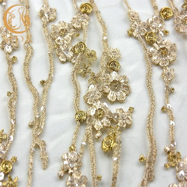 Gold 140cm Width Machine Embroidery Lace Customized Lace Fabric For Dresses