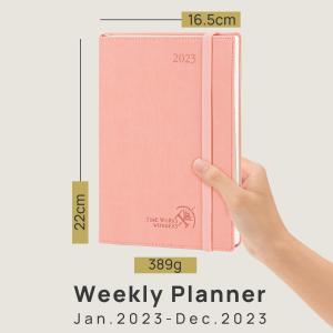388g 2023 Pink Weekly Planner With Hourly Timetable And Ribbon Bookmarks