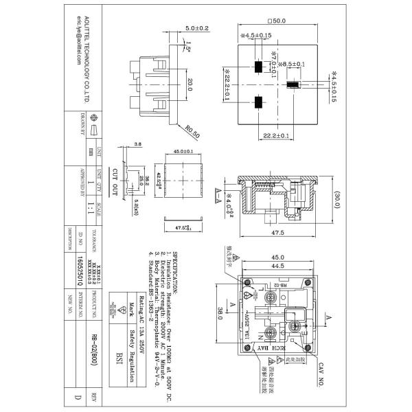 BSI Approved RB-02 British Socket Female Outlet 3 Pole 13A 250V UK Wall Panel Power Electrical Plugs And Sockets BS 1363
