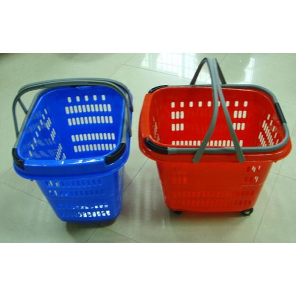 Quality Colored Telescopic Handle Plastic Shopping Basket With Wheels 50 Litres wholesale