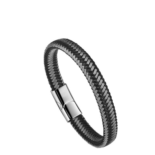 High Quality Leather and Stainless Steel Wire Braided wrap bangle Bracelet with magnetic clasp