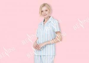 Cheap Striped Ladies Short Sleeve Pajama Sets , Lace Trimmed Women