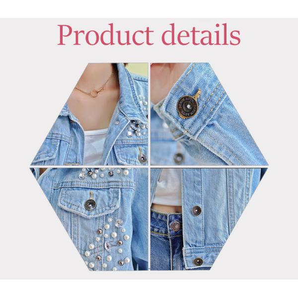 Blue Washed Ripped Ladies Fitted Denim Jacket With Pearls Slim Fit Style