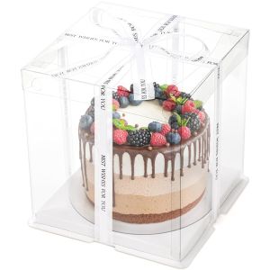 Cheap Clear Cake Box with Ribbon, 2-Layer Tall Cake Packaging Boxes 8x8x9 Inch, PET Cake Carrier Transport Container for Tiered Cakes, Transparent Gift for sale