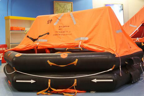 A pack throw overboard inflatable life raft with hydrostatic release unit