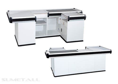 Silver White Retail Checkout Counter / Cash Register Desk With Conveyor Belt
