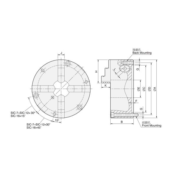 SIC 4 jaw scroll chuck plain back solid jaws (front and back mounted)