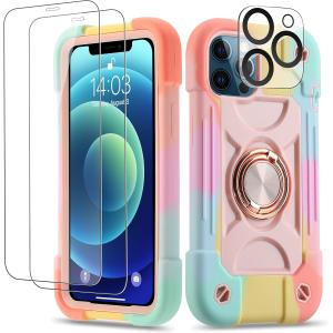 iPhone 12 Pro Max Case 6.7" - Heavy-Duty Shockproof, Ring Stand, Glass Screen &