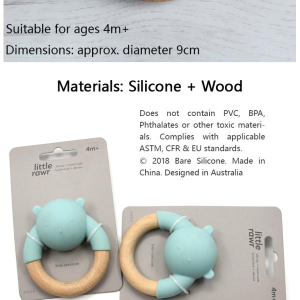 Beech Wood Baby Rattle Ring LFGB Silicone Soft Chew Toys For Babies