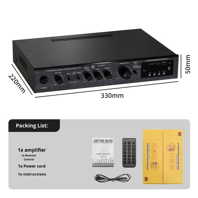 5.1CH 120W*2+25W*3 HIFI Power Amplifier with Optical Coaxial Input, BT 5.0, Super Bass, for Home Theater Karaoke Party