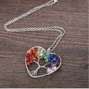 Meditation Life Tree Heart Shaped Chakra Stone Crystal Necklace Adjustable Size