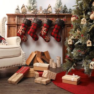 Christmas Stockings Burlap with Large Plaid Snowflake and Plush Faux Fur Cuff