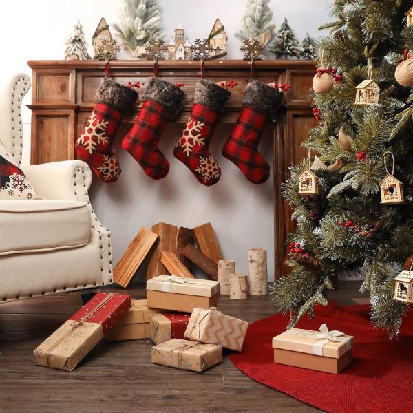 Christmas Stockings Burlap with Large Plaid Snowflake and Plush Faux Fur Cuff Stockings for Family Holiday Party Decor