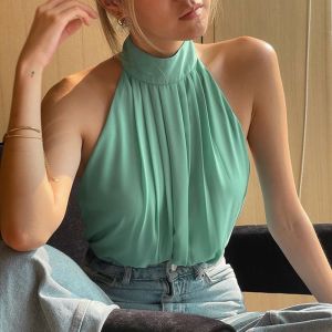 Temperament Hanging Neck Dewback Chiffon Pure Color Blouse Woman